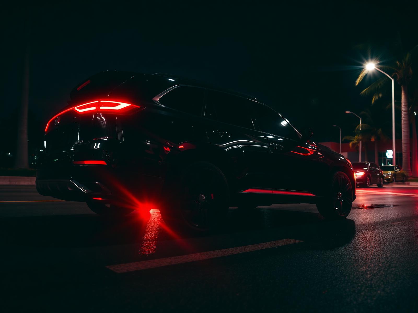 Black SUV on a Miami street at night